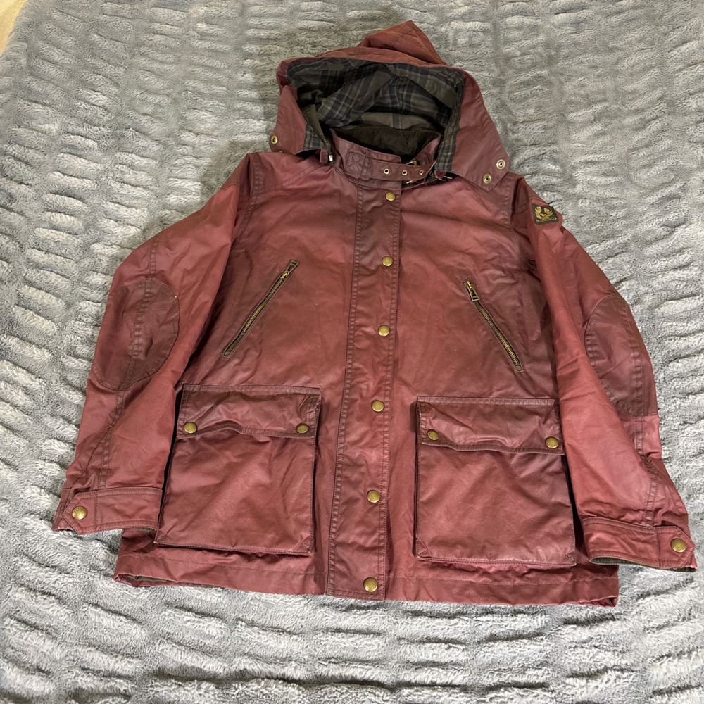 Belstaff Waxed Cotton Field Jacket Burgundy IT 44 Removable Hood Plaid Lining